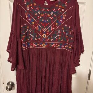 Altar'd State Maroon Dress with Vibrant Floral Embroidery